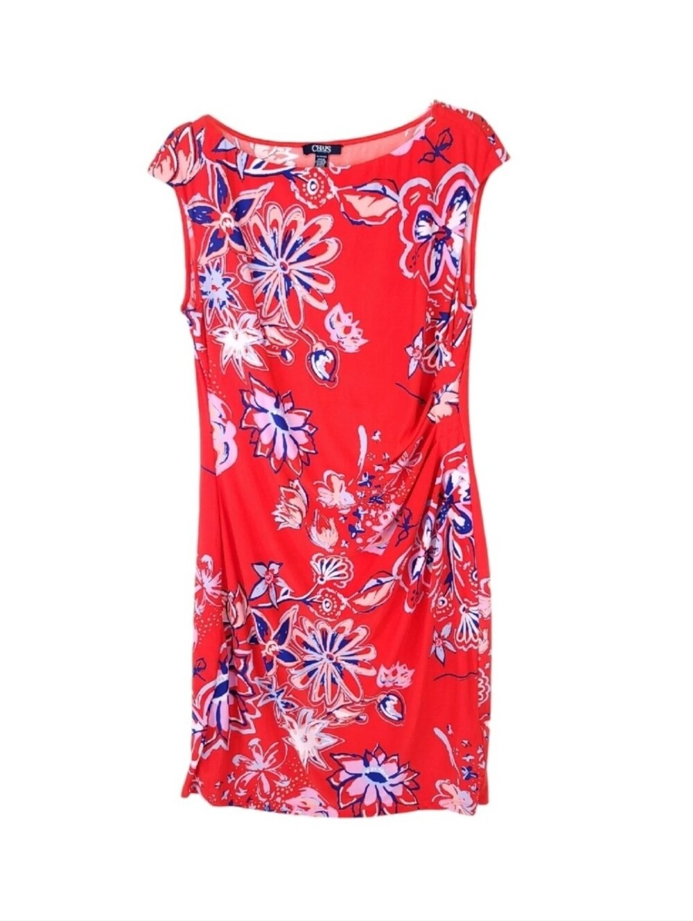 Chaps Dress Womens XL Knee Long Faux Wrap Floral Sheath Stretch Short Sleeve Red